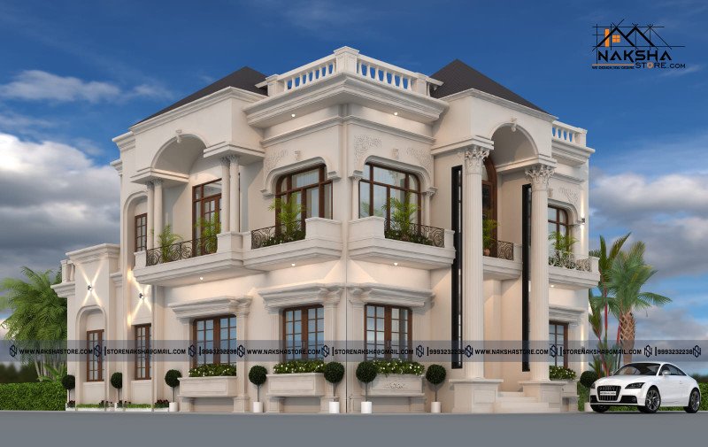 40×50 Luxury Classical House Elevation Design | 3D Exterior by Naksha Store